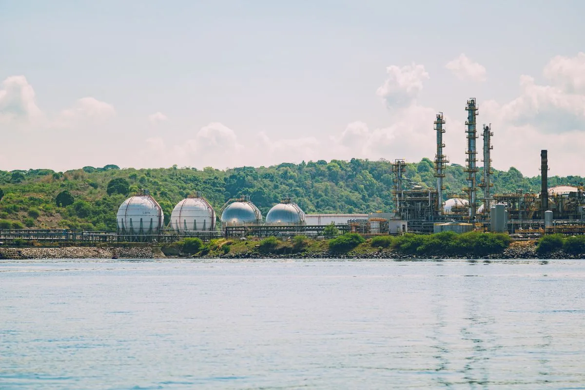 Ammonia storage spheres at an industrial plant by the water