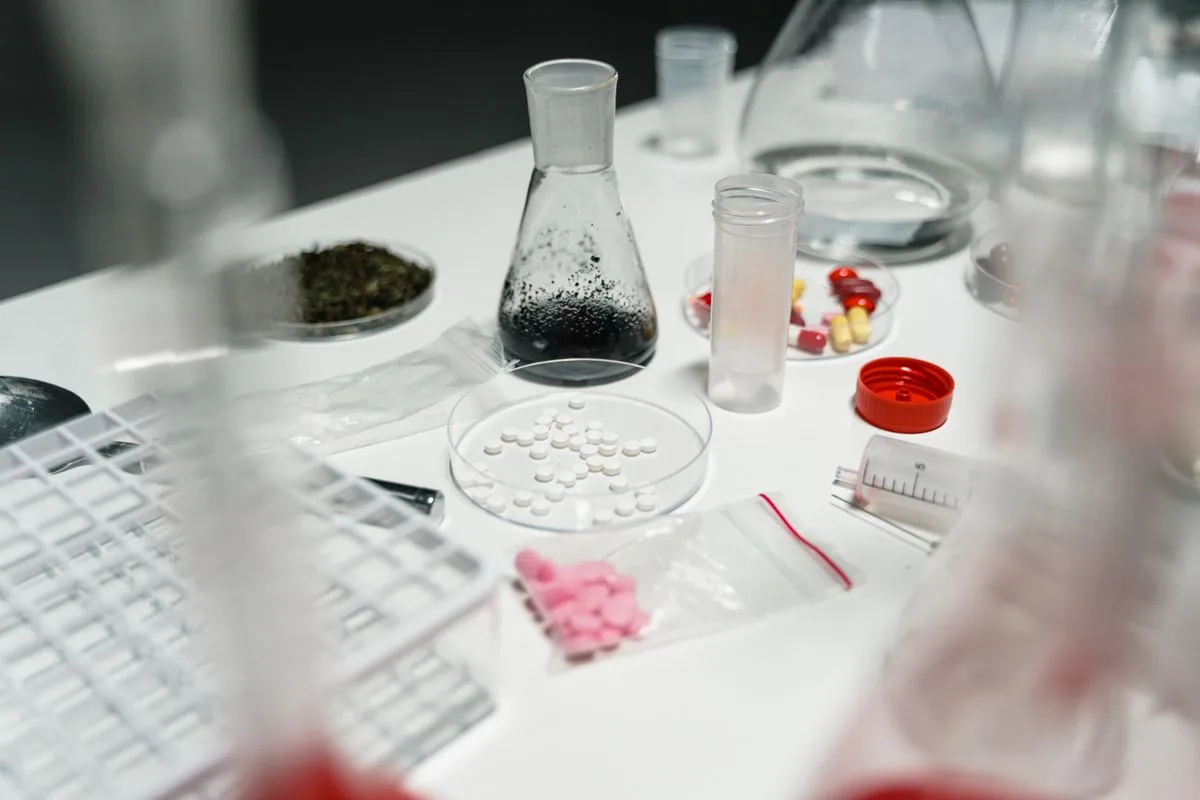 Pharmaceutical laboratory with pills and glassware